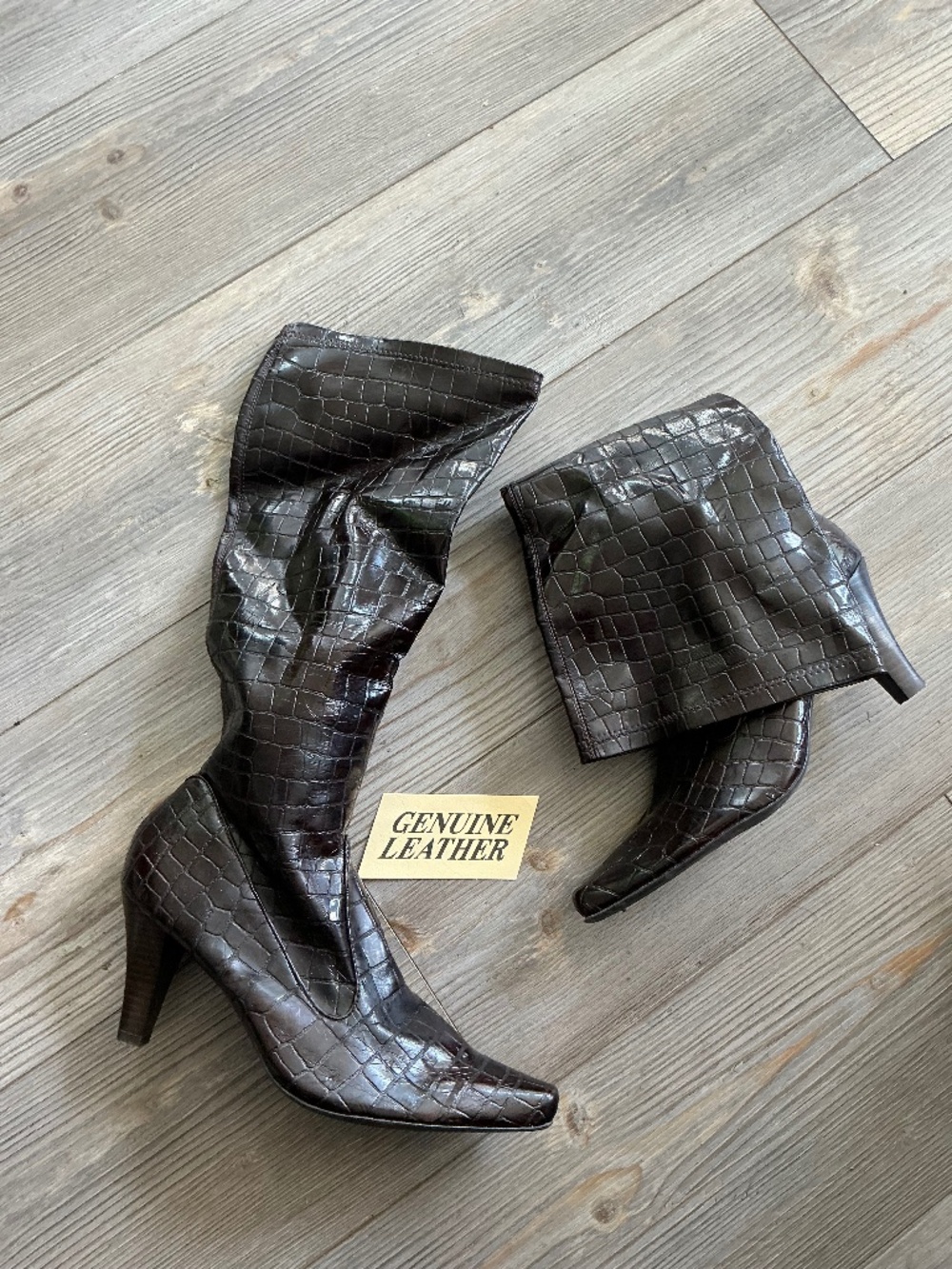 Croc embossed knee high boots
